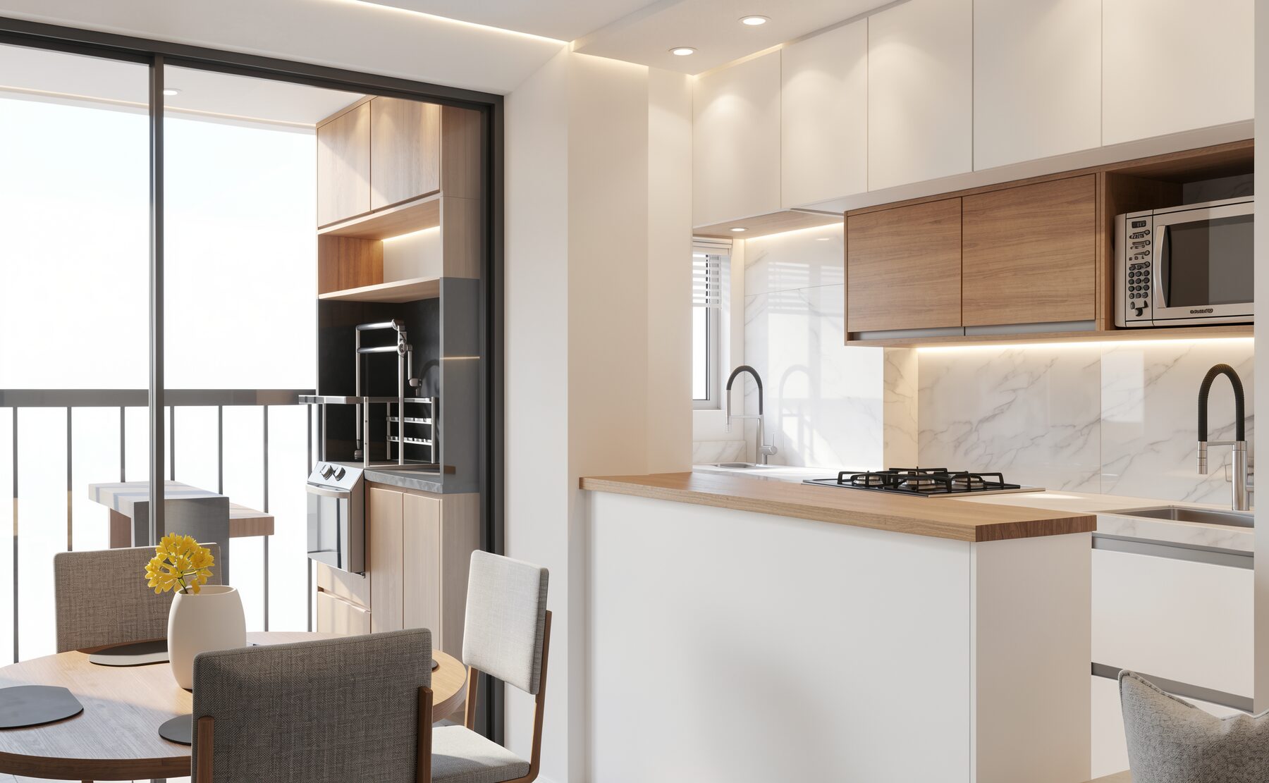 Cozinha integrada à sala de estar e jantar do Residencial Europa