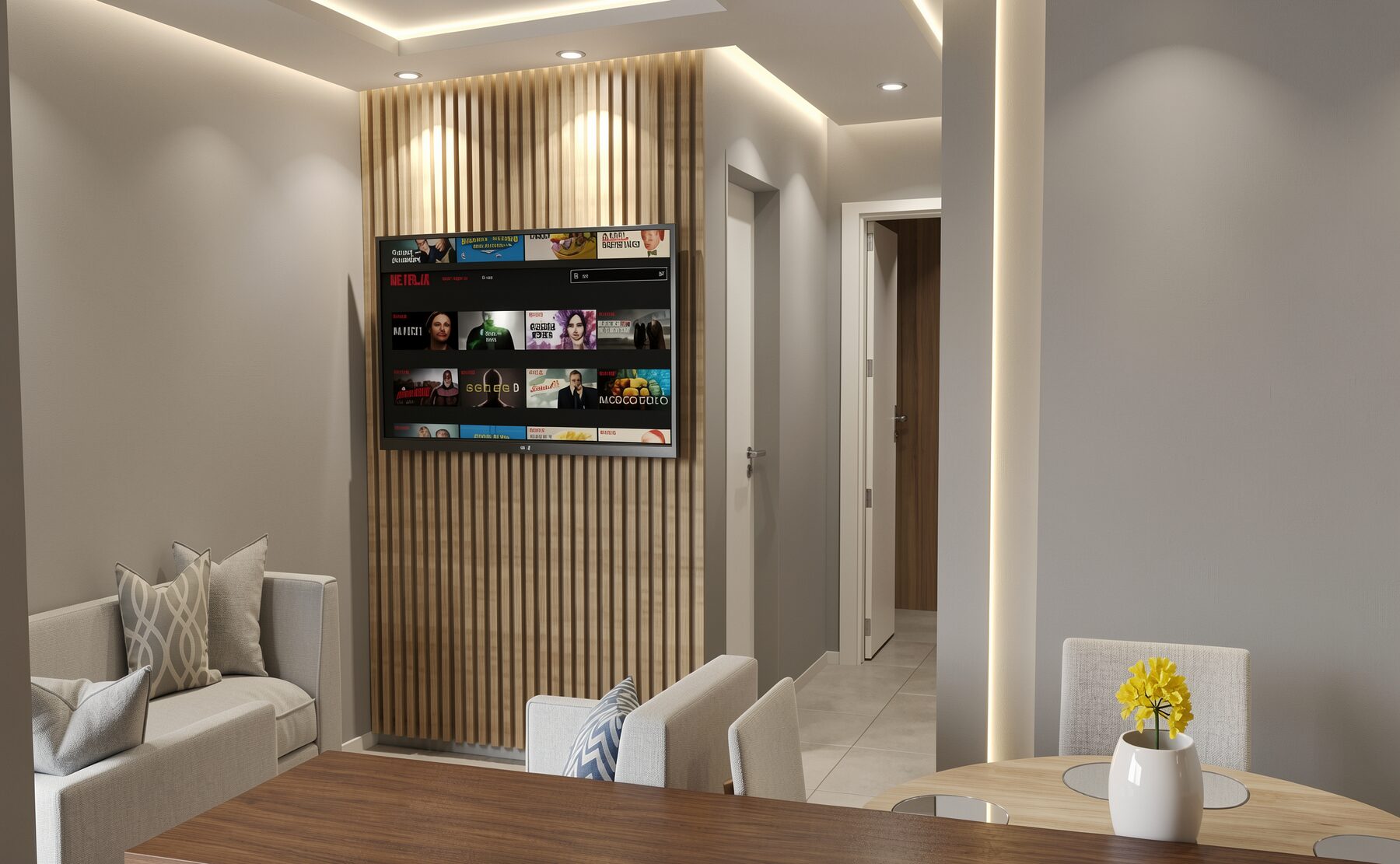 Sala de estar e jantar integradas, com painel ripado e TV