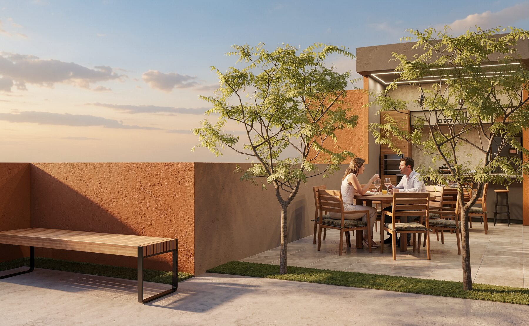 Espaço gourmet e lounge ao ar livre do Residencial Europa ao entardecer