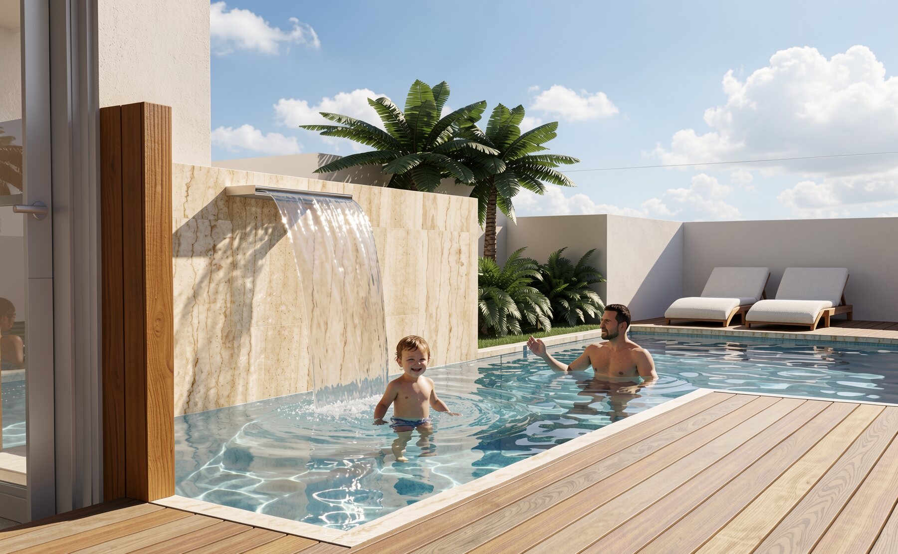 Piscina do Residencial Europa, com cascata e deck molhado