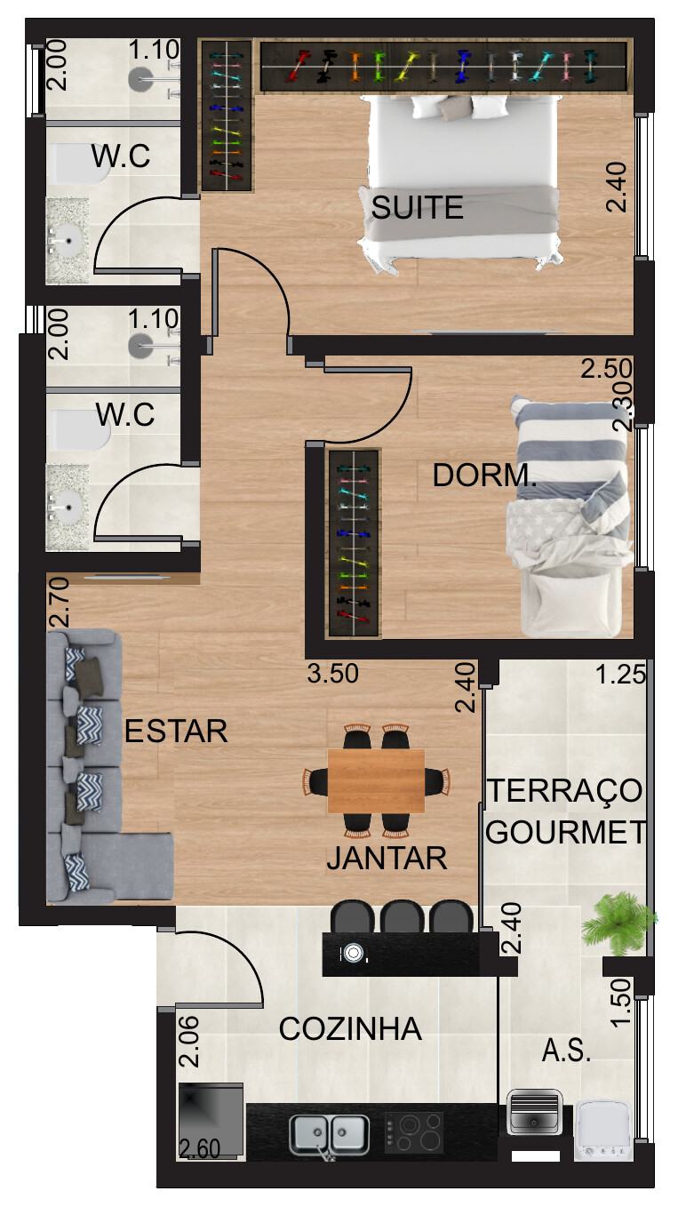 Planta baixa do Residencial Europa — Planta Tipo 1, 44,60m², com suíte, dormitório, sala de estar e jantar integradas e terraço grill