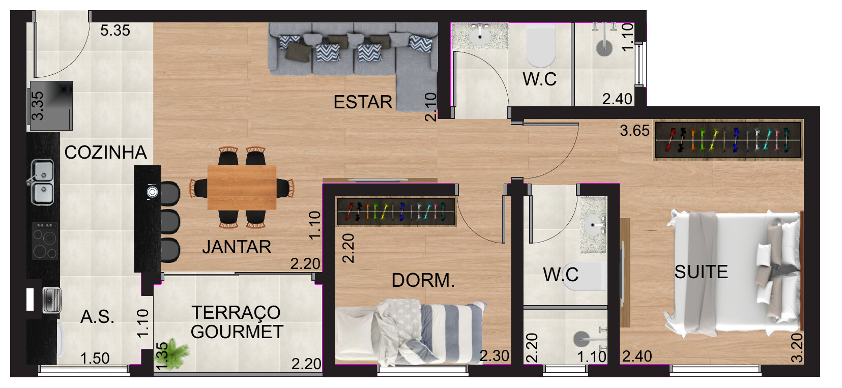 Planta baixa do Residencial Europa — Planta Tipo 2, 46,96m², com suíte, dormitório, sala de estar e jantar integradas e terraço grill